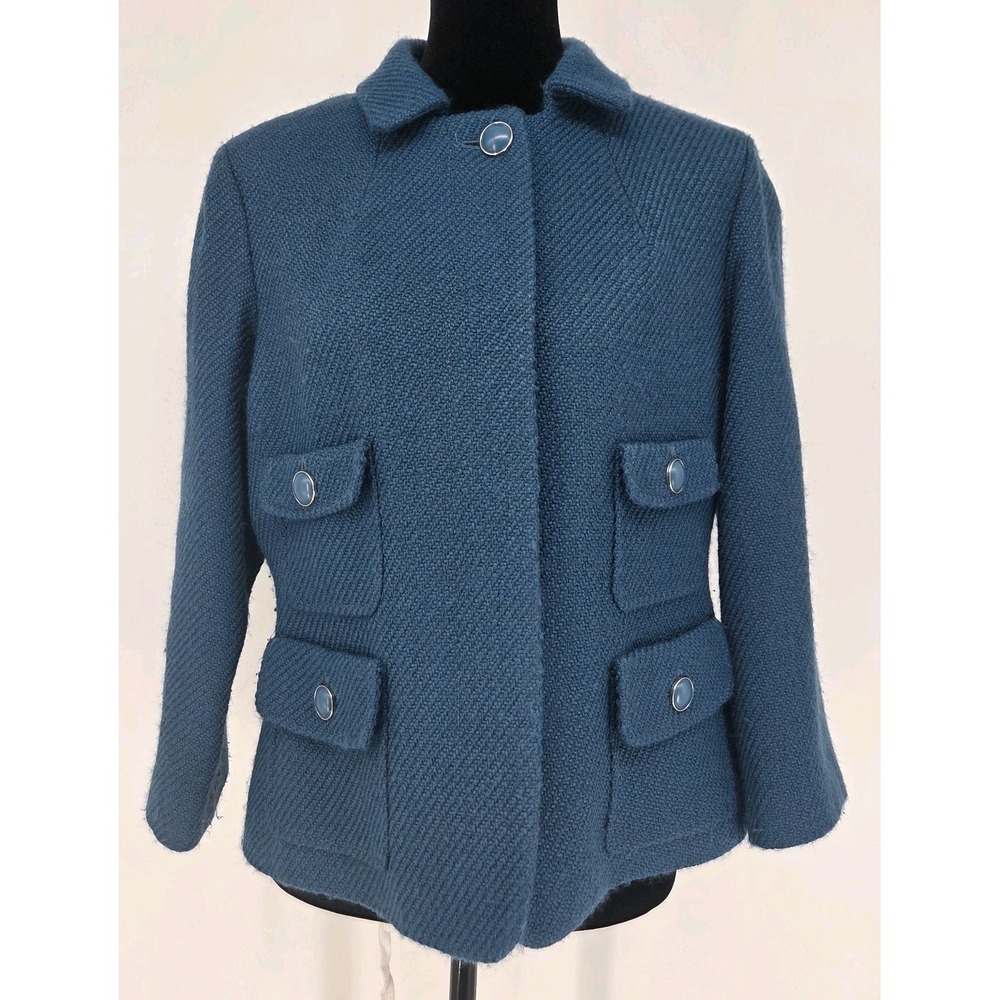 Talbots Tweed Blazer 10 Teal Wool Blend Retro Style Lined Pockets 3/4 Sleeves‎